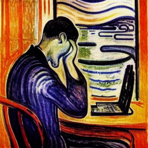 An angst-ridden person is looking at a computer. AI-generated art in the style of Edvard Munch produced by Stable Diffusion 1.5