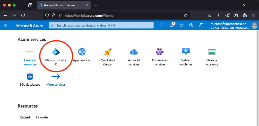 A screenshot of the Azure portal highlighting the "Entra ID" button