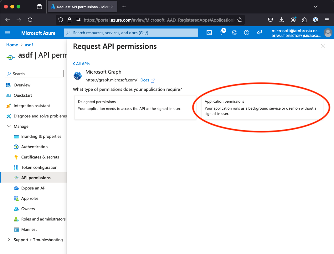 A screenshot of the "API Permissions" bit of our "App Registration" encouraging us to add "Delegated permissions". Don't fall for it, click "Application permissions"!