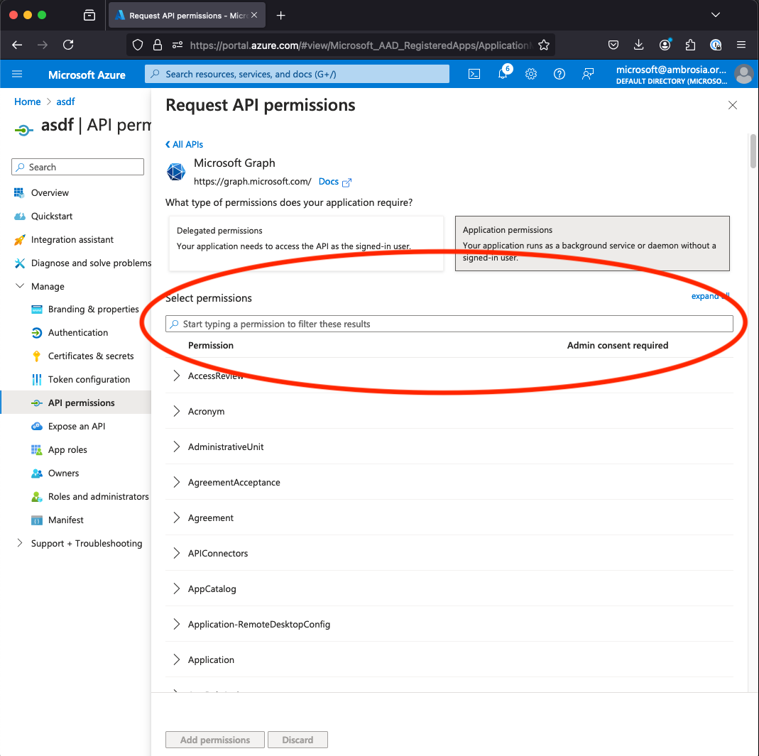 A screenshot of the "API Permissions" bit of our "App Registration" encouraging us to add permissions other than Graph. Don't fall for it, click Graph!