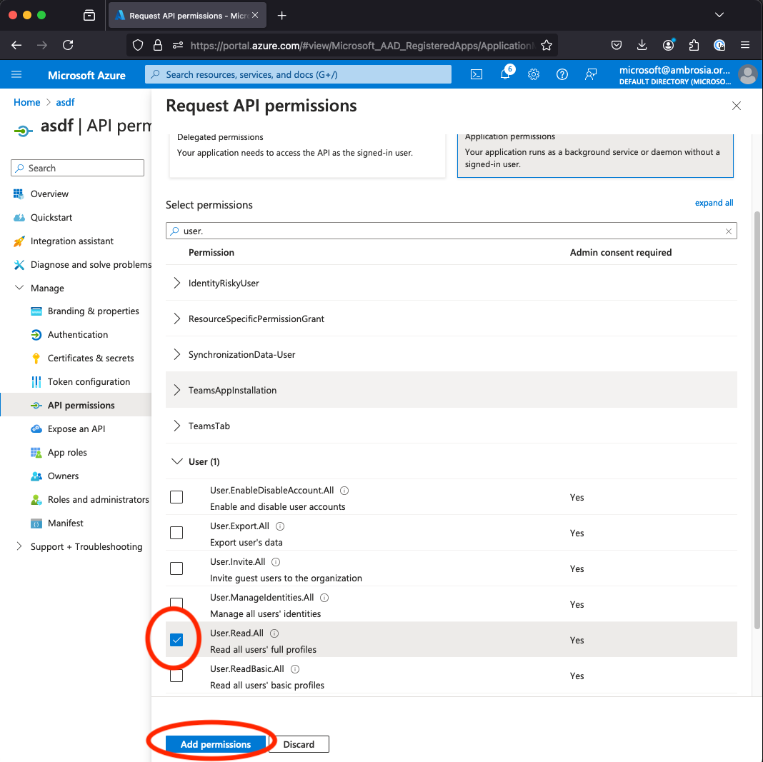 A screenshot of the "API Permissions" bit of our "App Registration" encouraging us to add permissions other than Graph. Don't fall for it, click Graph!