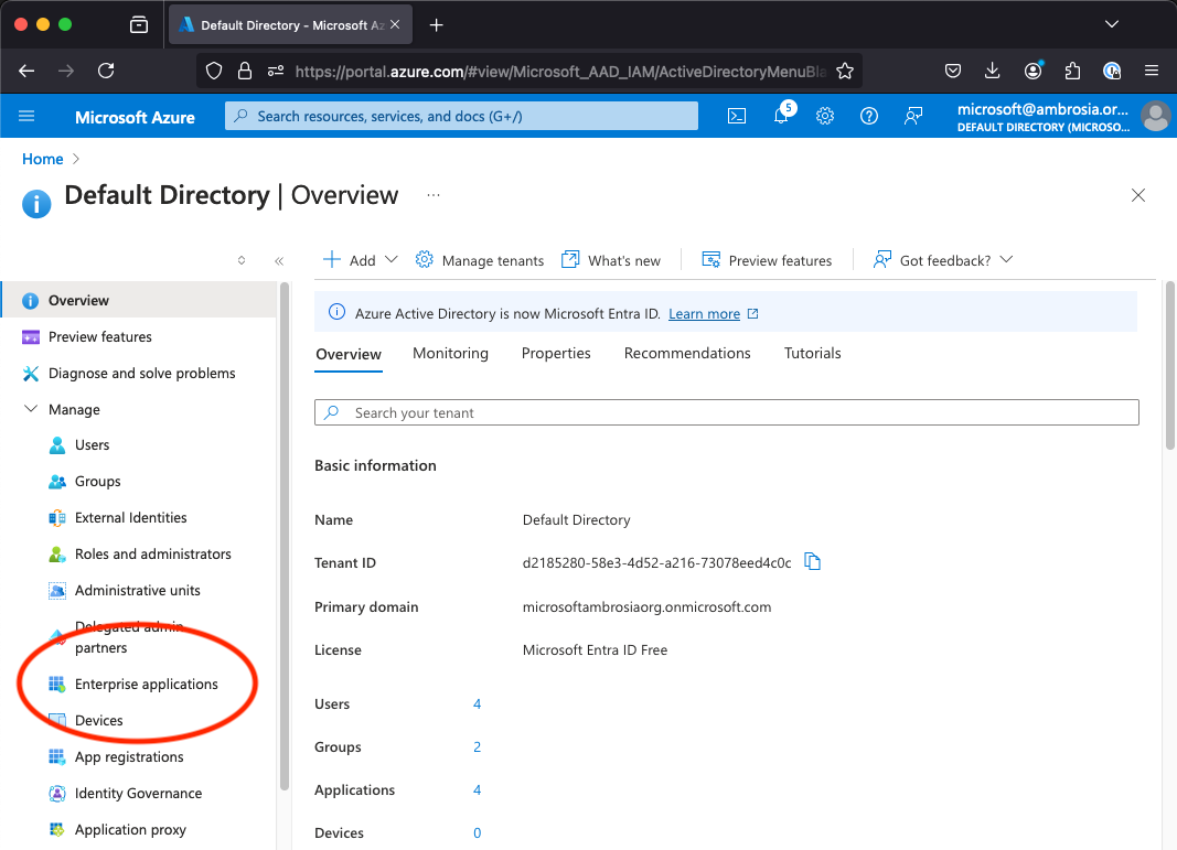 A screenshot of the Entra ID home page within the Azure portal highlighting the "Enterprise Applications" button