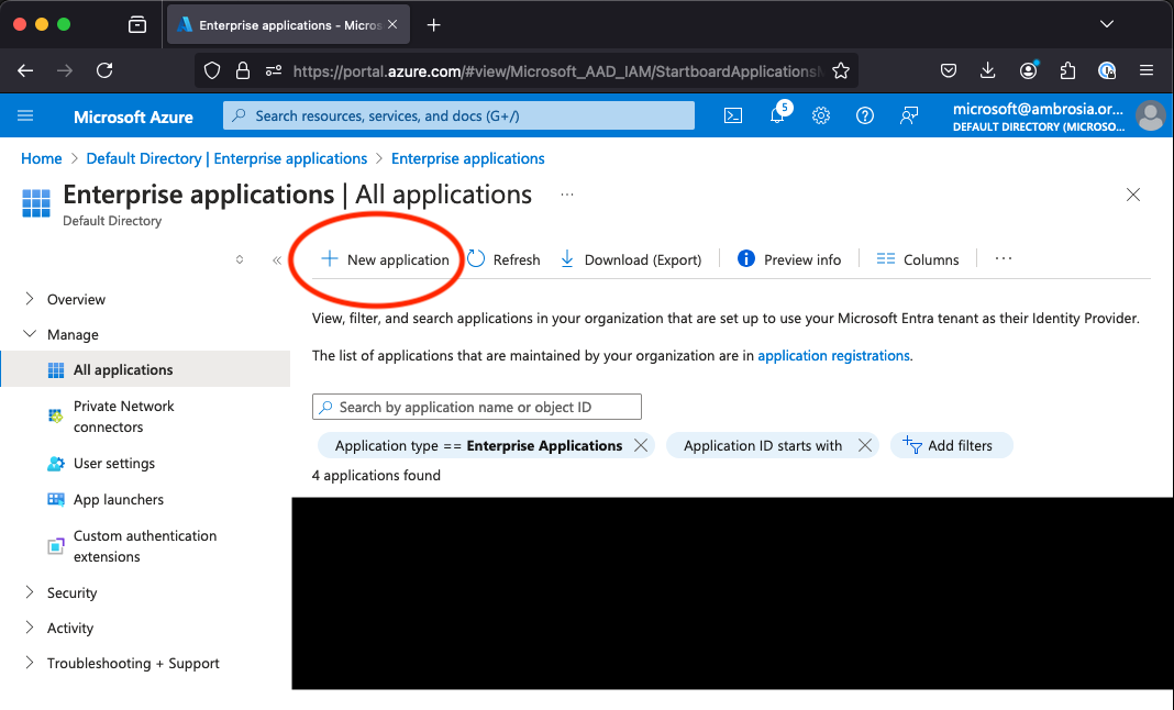 A screenshot of the Enterprise Application home page within the Entra ID section of the Azure portal highlighting the "New Application" button