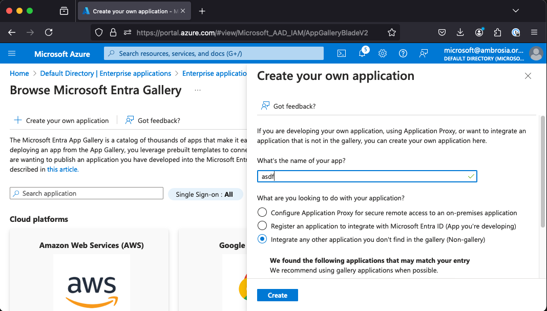 A screenshot of the "Enterprise Application" "New Application" dialog highlighting the name of the application and showing which radio button to select ("Integrate any other application...")