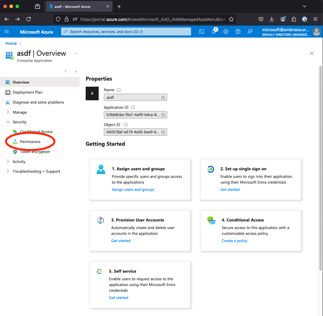 A screenshot of the "Enterprise Application" home page of the new "asdf" application, highlighting the "permissions" option on the left hand side menu.