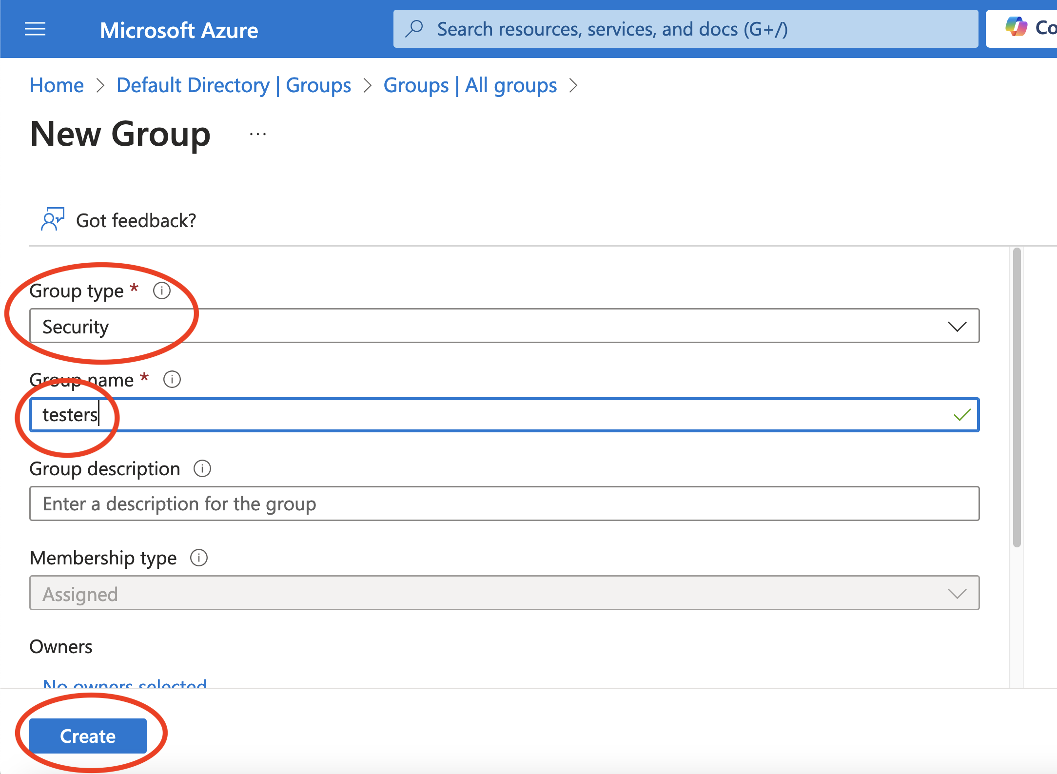 A screenshot of the dialog to create a new group in the Azure portal.