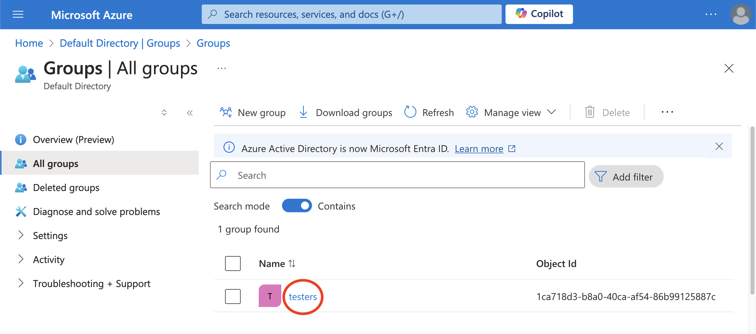 A screenshot showing where to click in the Groups list to begin modifying a group in the Azure portal.