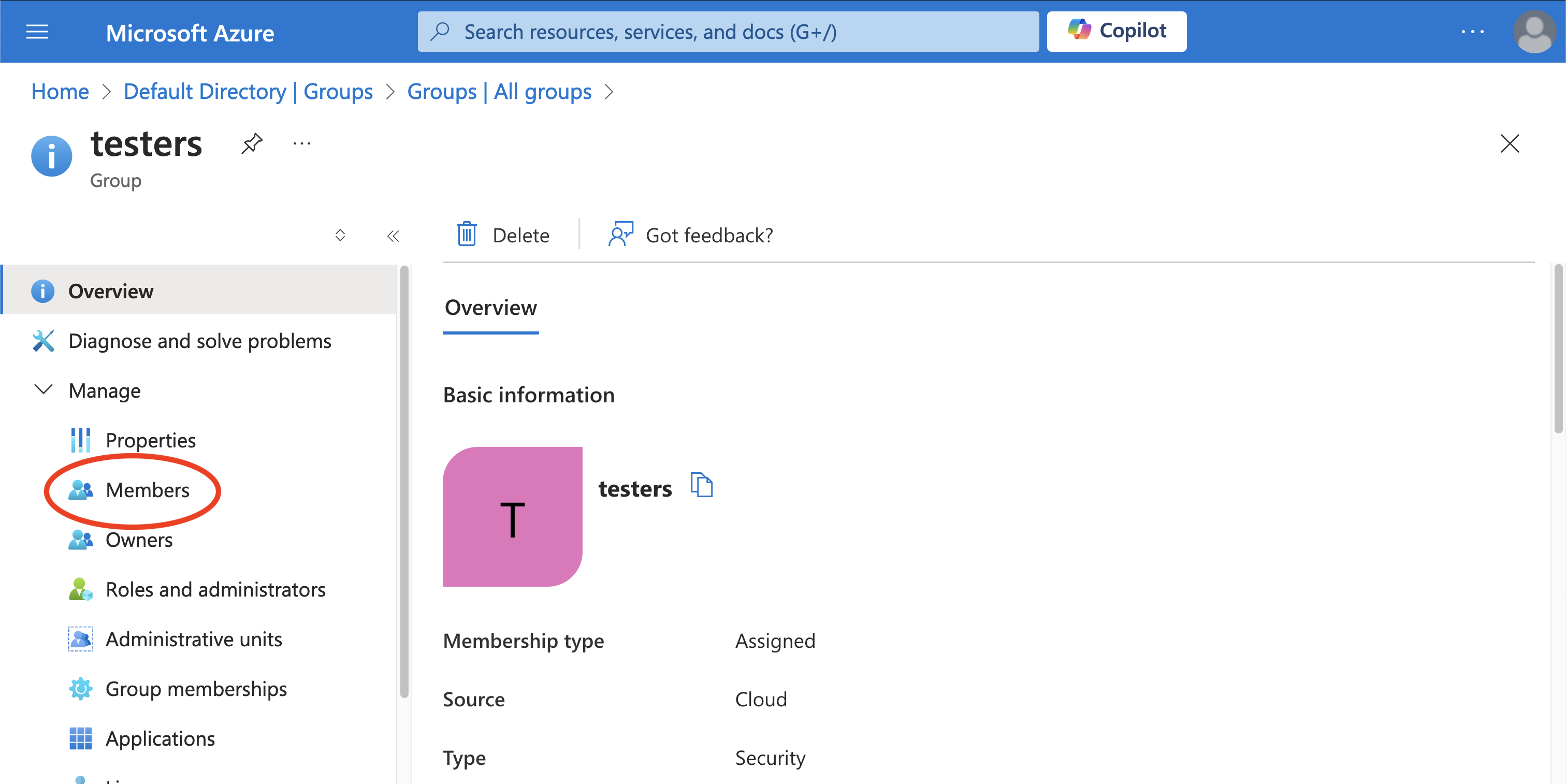 A screenshot showing where to click to modify a group's membership in the Azure portal.