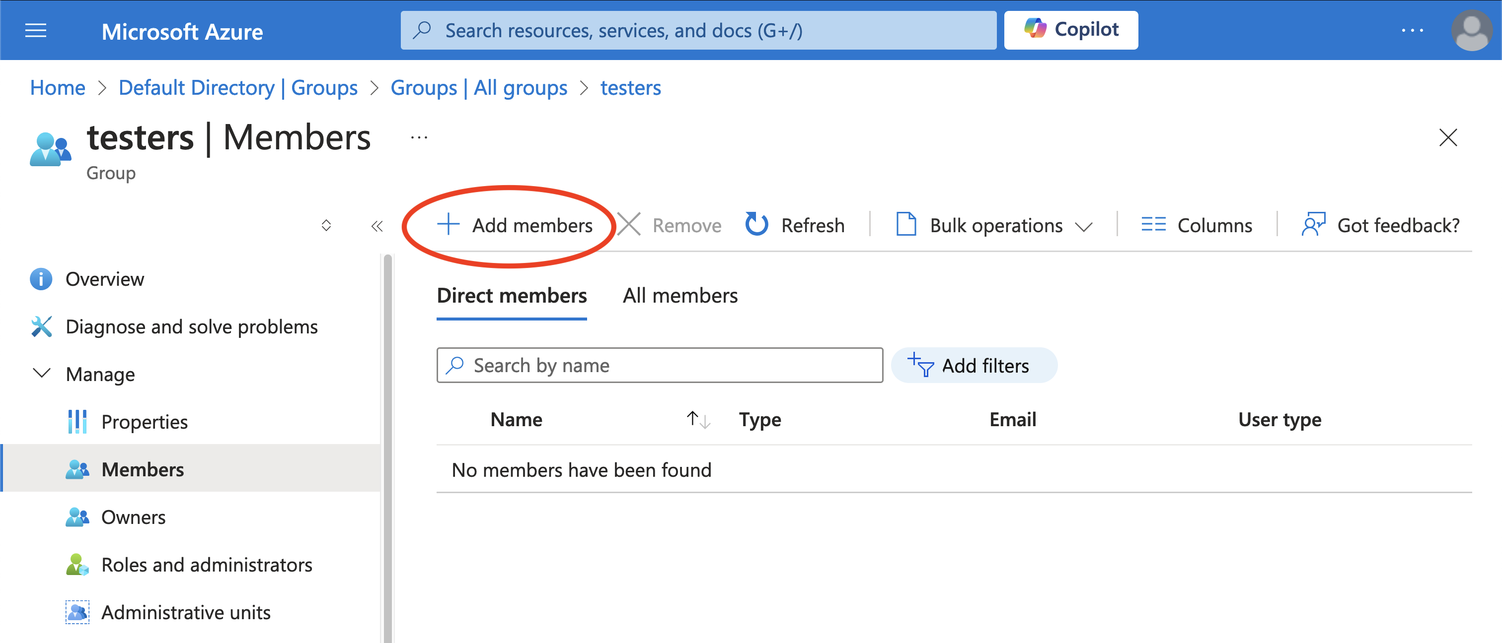 A screenshot showing where to click to add members to a groupo in the Azure portal.