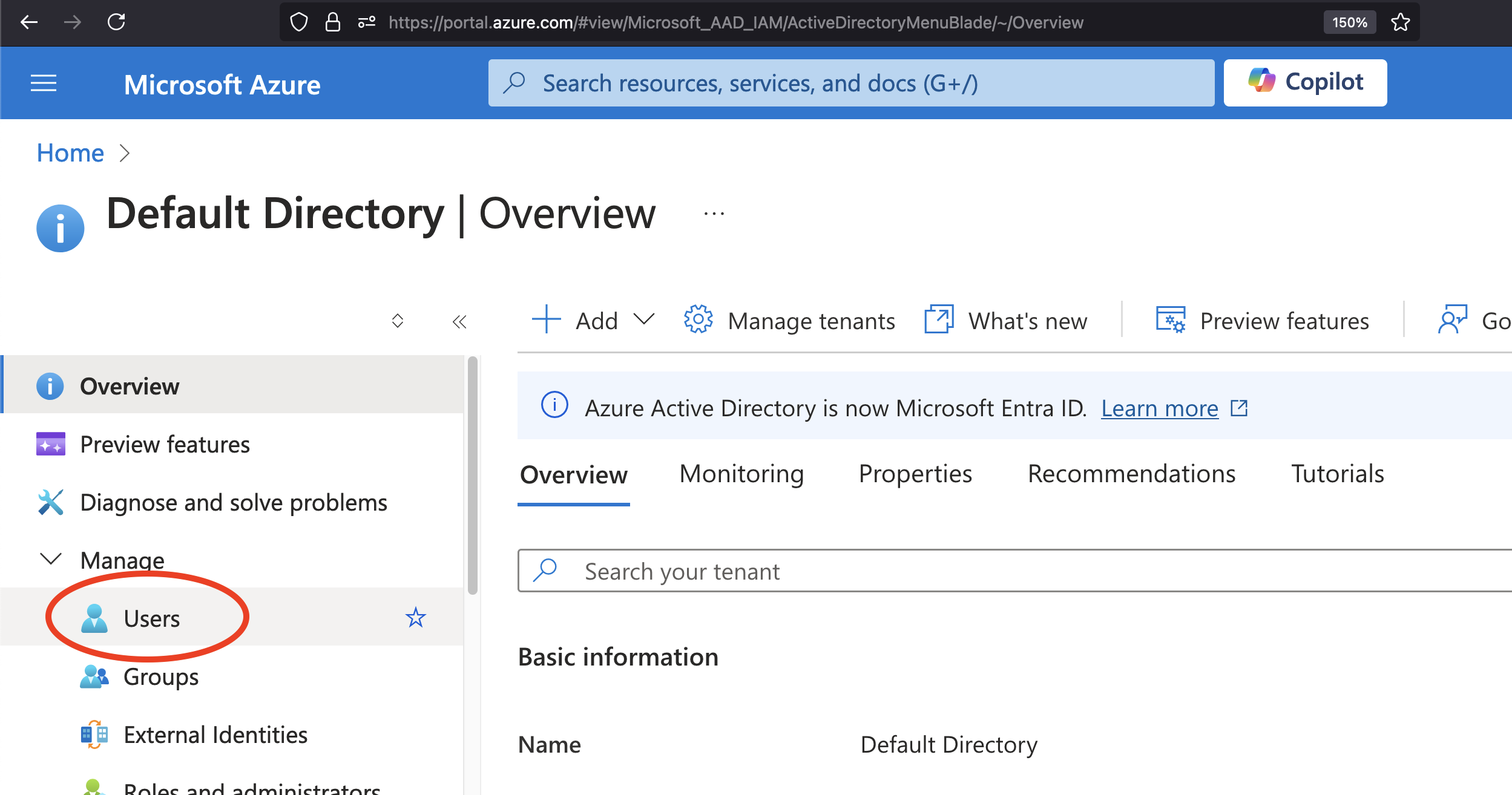 A screenshot of Entra ID showing where to click to access the Users page in the Azure portal.