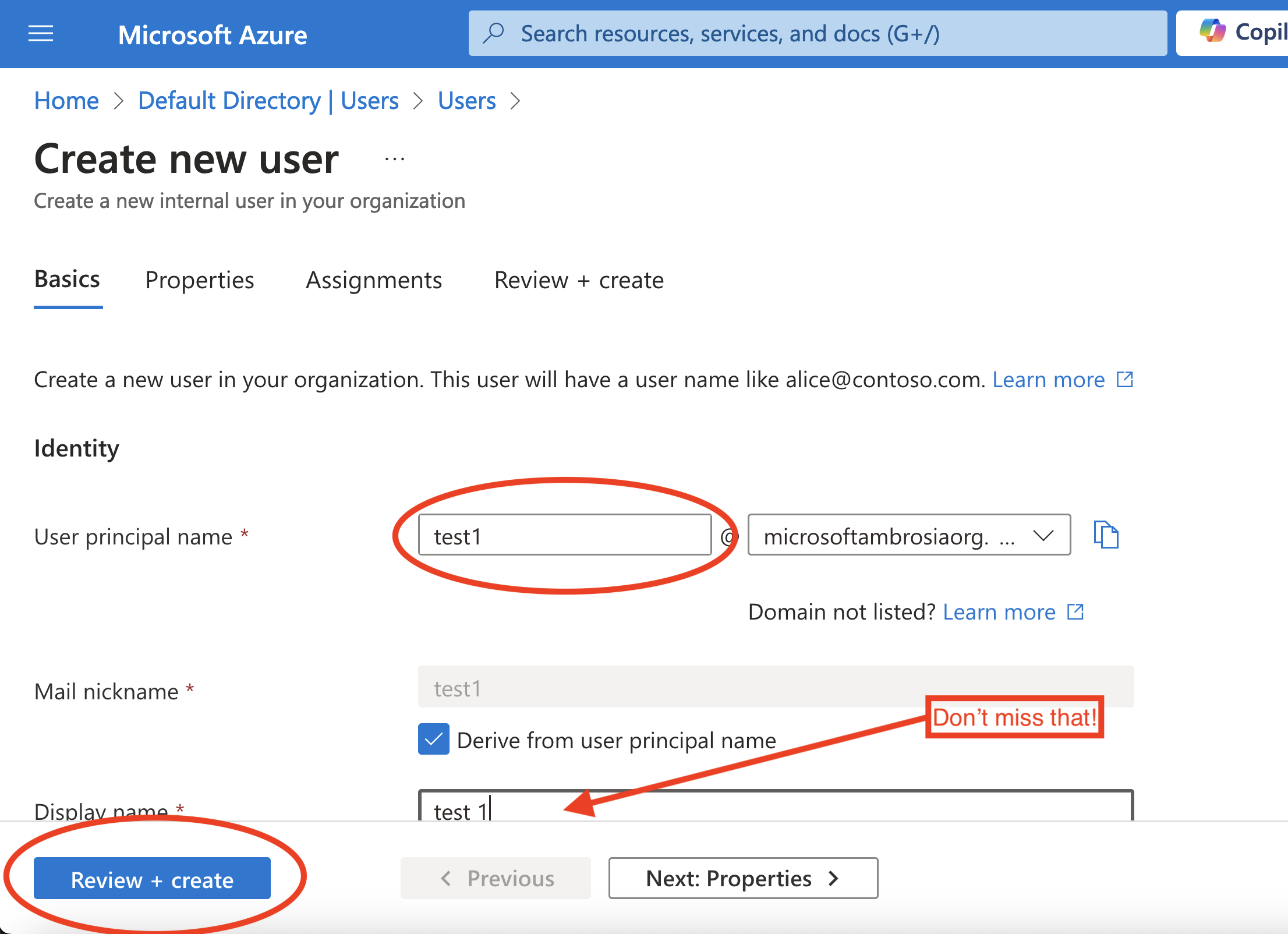 A screenshot of the dialog to create a new user in the Azure portal.