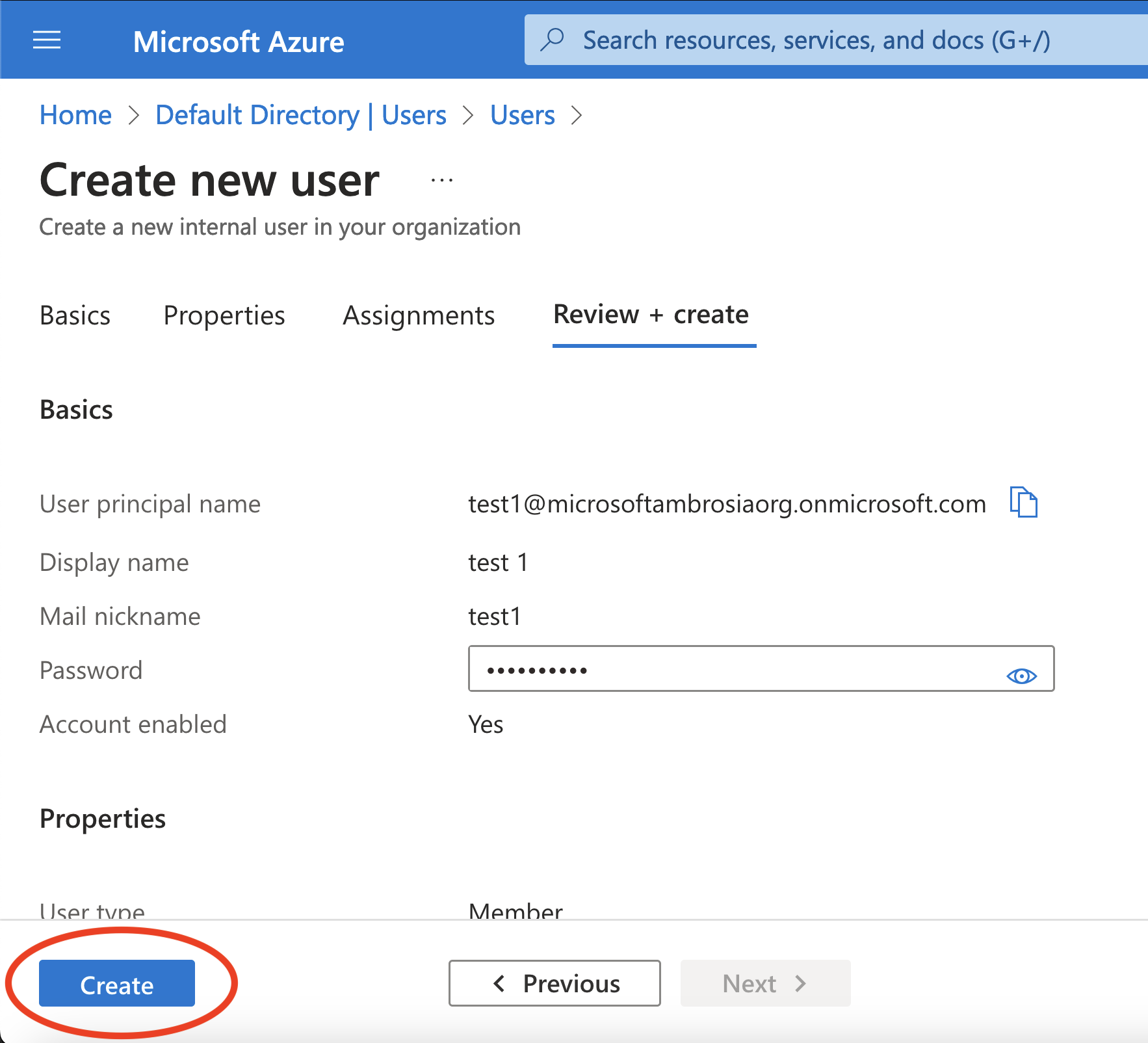 A screenshot of the dialog to confirm the creation of a new user in the Azure portal.