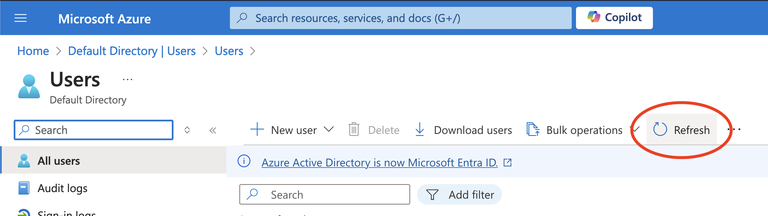 A screenshot of the dialog to refresh the list of users in the Azure portal.