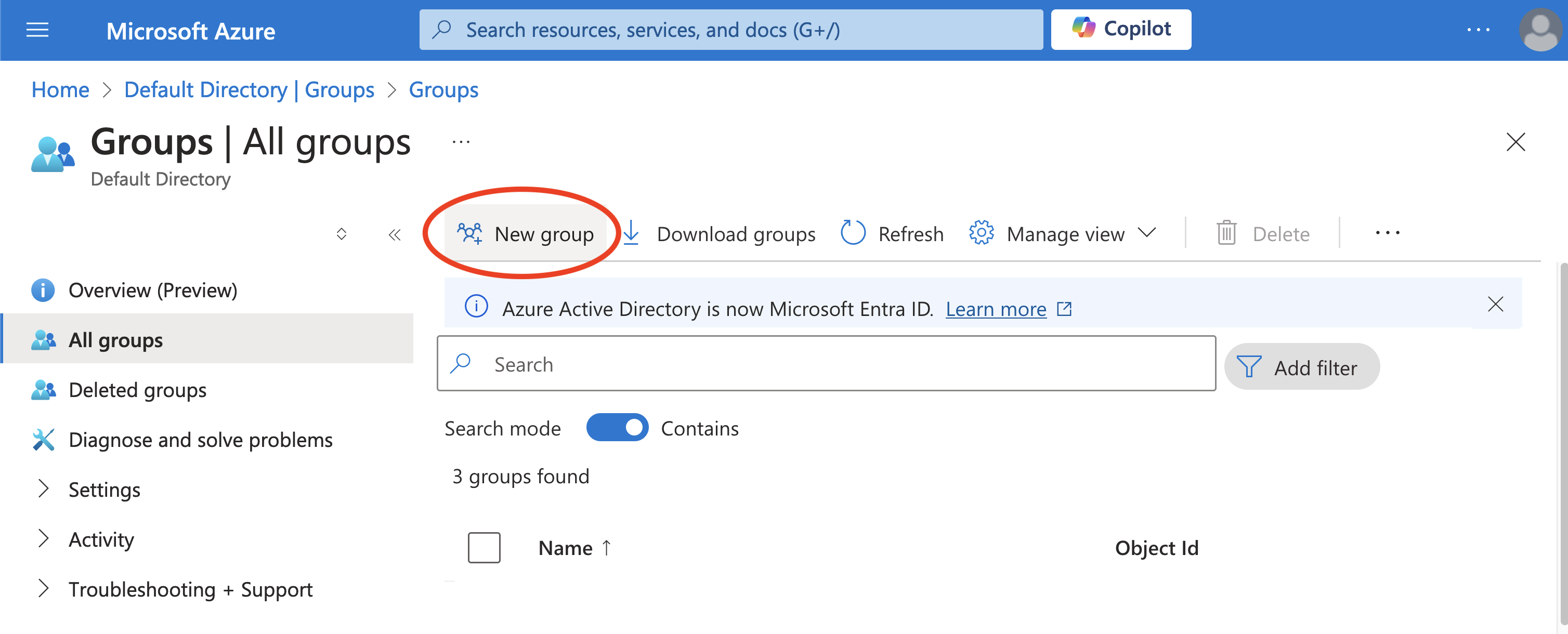 A screenshot of the Groups list showing the button to click to create a new group in the Azure portal.