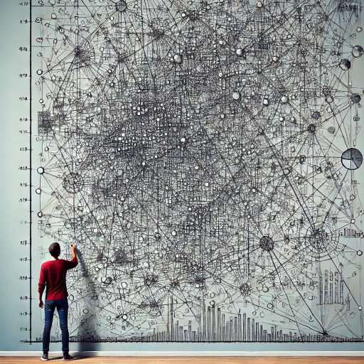 A person is interacting with a ridiculously complicated chart on a whiteboard. AI-generated art produced by OpenAI's DALL-E model