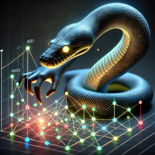 A python is interacting with a graph by poking it. AI-generated art produced by OpenAI's DALL-E model